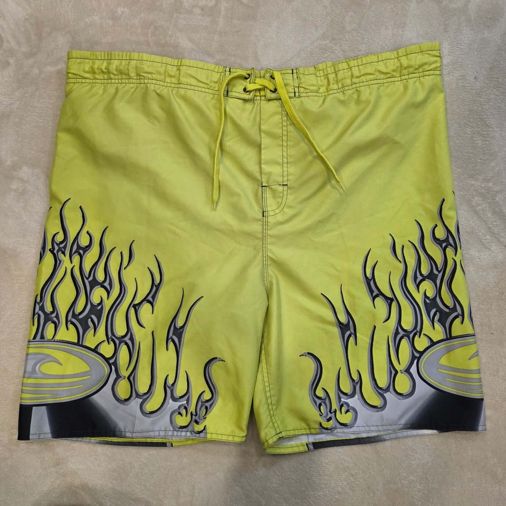 Y2K Liquid Wave Tribal Flame Board Shorts Swim Trunks Neon Lime XL